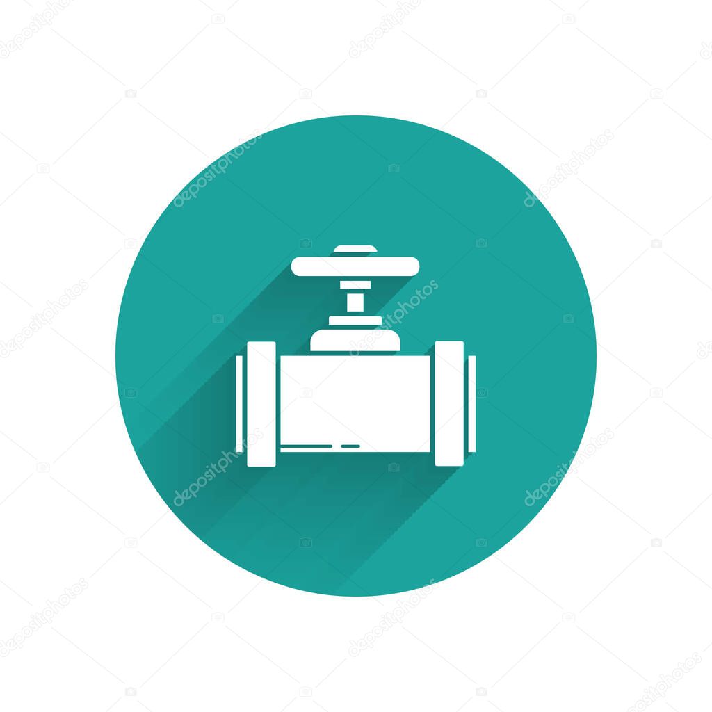 White Industry metallic pipes and valve icon isolated with long shadow. Green circle button. Vector Illustration