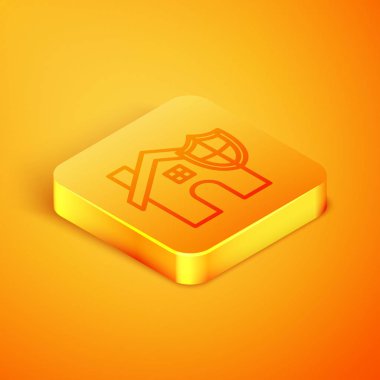 Kalkan simgesi turuncu arka planda izole edilmiş Isometric Line House. Sigorta konsepti. Güvenlik, güvenlik, koruma, konsept koruma. Turuncu kare düğme. Vektör İllüstrasyonu