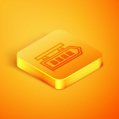 Turuncu arka planda izole edilmiş bira ikonu yazılı Isometric çizgisi sokak tabelası. Reklamlar için uygun bar, kafe, bar, restoran. Turuncu kare düğme. Vektör İllüstrasyonu