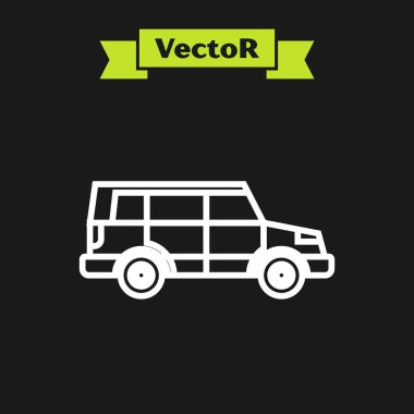 Beyaz çizgi off road car ikonu siyah arka planda izole edildi. Cip işareti. Vektör İllüstrasyonu