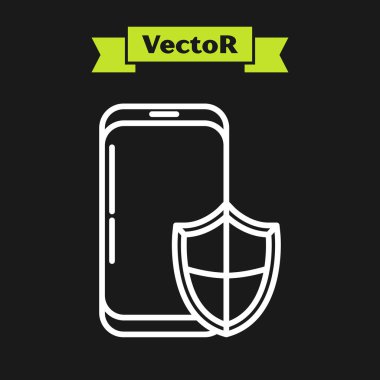 Beyaz çizgili akıllı telefon, siyah arka planda güvenlik kalkanı simgesi olan cep telefonu. Güvenlik, güvenlik, güvenlik, koruma kavramı. Vektör İllüstrasyonu