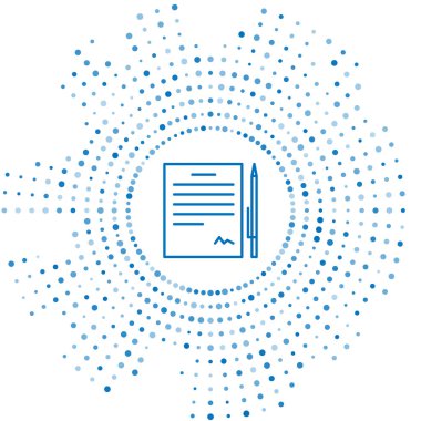 Beyaz arkaplanda kalem simgesi olan mavi çizgi sözleşmesi. Dosya simgesi. Kontrol listesi simgesi. İş konsepti. Soyut çember rastgele noktalar. Vektör İllüstrasyonu