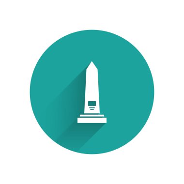 Beyaz Washington anıtı uzun gölgeli izole edilmiş. Anma konsepti, başkentin simgesi, vatanseverlik. Yeşil daire düğmesi. Vektör İllüstrasyonu