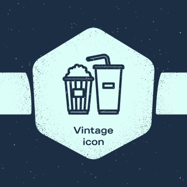 Grunge hattı, karton kutuda patlamış mısır ve mavi arka planda izole edilmiş saman ve su ikonu içilen kağıt bardak. Soda bardağı. Tek renkli klasik çizim. Vektör İllüstrasyonu