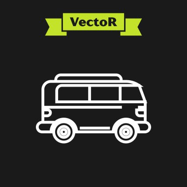 Beyaz çizgi Retro minivan simgesi siyah arkaplanda izole edildi. Eski klasik seyahat minibüsü. Vektör İllüstrasyonu
