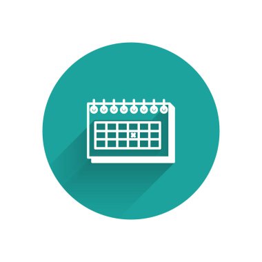 Beyaz Takvim simgesi uzun gölgede izole edildi. Doğum tarihi. Yeşil daire düğmesi. Vektör İllüstrasyonu