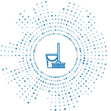 Mavi çizgi paspas ve kova simgesi beyaz arkaplanda izole edildi. Temizlik hizmeti konsepti. Soyut çember rastgele noktalar. Vektör İllüstrasyonu