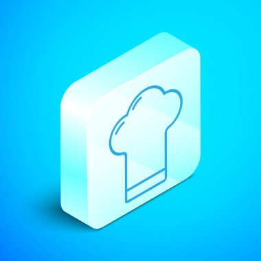 Isometric line Chef şapka simgesi mavi arkaplanda izole edildi. Aşçılık sembolü. Aşçı şapkası. Gümüş kare düğme. Vektör İllüstrasyonu