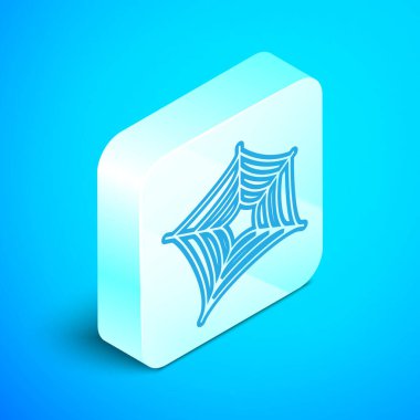 Isome çizgisi Örümcek Ağı simgesi mavi arkaplanda izole edildi. Örümcek ağı işareti. Mutlu Cadılar Bayramı Partisi. Gümüş kare düğme. Vektör İllüstrasyonu