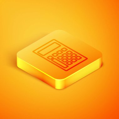 Turuncu arka planda yalıtılmış İzometrik çizgi Hesap makinesi simgesi. Muhasebe sembolü. İş hesaplamaları matematik eğitim ve finans. Turuncu kare düğme. Vektör İllüstrasyonu