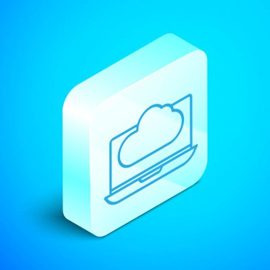 Isometric line Cloud teknoloji veri transferi ve depolama simgesi mavi arka planda izole. Gümüş kare düğme. Vektör İllüstrasyonu