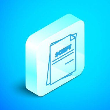 Mavi arkaplanda izole edilmiş Isometric çizgi senaryo simgesi. Sanat projeleri, filmler, tiyatrolar için senaryo okuma konsepti. Gümüş kare düğme. Vektör İllüstrasyonu