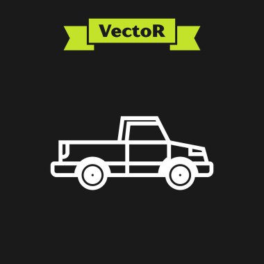 Beyaz çizgili kamyonet ikonu siyah arka planda izole edildi. Vektör İllüstrasyonu