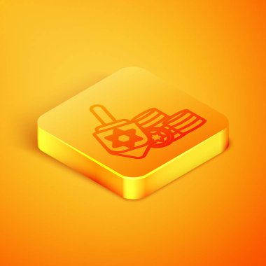 Isometric line Hanukkah dreidel ve sikke ikonu turuncu arka planda izole edilmiş. Turuncu kare düğme. Vektör İllüstrasyonu
