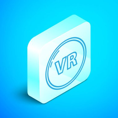 Isometric çizgi Sanal gerçeklik simgesi mavi arkaplanda izole edildi. Gümüş kare düğme. Vektör İllüstrasyonu