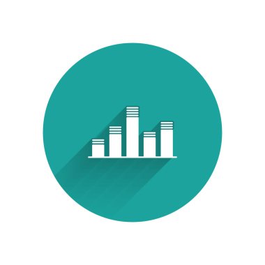 Beyaz Müzik Dengeleyici simgesi uzun gölgeyle izole edildi. Ses dalgası. Ses dijital dengeleyici teknolojisi, konsol paneli, nabız müzikali. Yeşil daire düğmesi. Vektör İllüstrasyonu