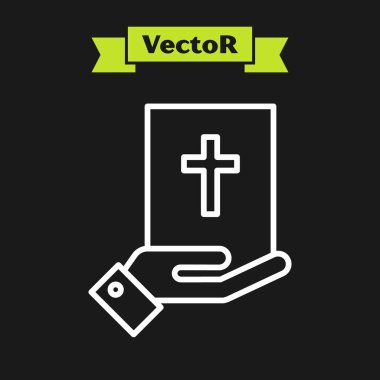 Kutsal Kitap ikonu üzerine beyaz çizgi yemini siyah arka planda izole edilmiştir. Mahkemedeki prosedür. Gerçek ve gerçek. Tanrı huzurunda söz ver. Vektör İllüstrasyonu