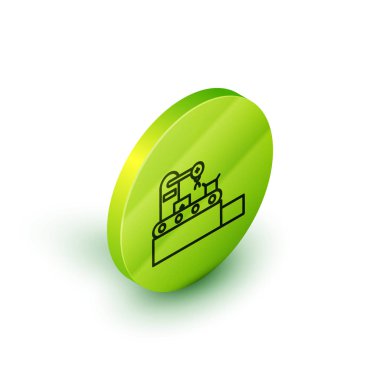 Isometric Line Fabrika taşıma sistemi bandı karton kutular mühendislik makine simgesi beyaz arka planda izole. Robot endüstrisi konsepti. Yeşil daire düğmesi. Vektör İllüstrasyonu