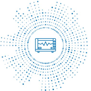 Beyaz zemin üzerinde kardiyogram simgesi olan mavi çizgi bilgisayar monitörü. Simge denetleniyor. Kalp atışı elle çizilmiş EKG monitörü. Soyut çember rastgele noktalar. Vektör İllüstrasyonu
