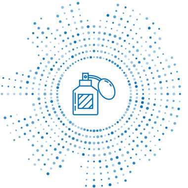 Mavi çizgili tıraş losyonu ikonu beyaz arkaplanda izole edilmiş. Parfüm spreyi ikonu. Erkek parfüm şişesi. Soyut çember rastgele noktalar. Vektör İllüstrasyonu