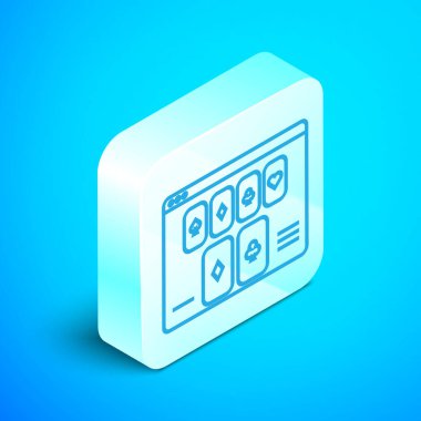 Isometric line Online poker masası simgesi mavi arkaplanda izole edildi. İnternetteki kumarhane. Gümüş kare düğme. Vektör İllüstrasyonu