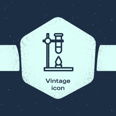 Grunge hattı cam tüp deney tüpü alev ısıtıcı deney ikonu mavi arka planda izole. Laboratuvar ekipmanları. Tek renkli klasik çizim. Vektör İllüstrasyonu