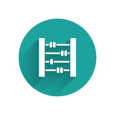 White Abacus icon isolated with long shadow. Traditional counting frame. Education sign. Mathematics school. Green circle button. Vector Illustration