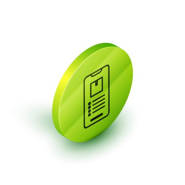 Uygulama dağıtım ikonu olan Isometric hattı akıllı telefonu beyaz arkaplanda izole edildi. Paket takibi. Yeşil daire düğmesi. Vektör İllüstrasyonu