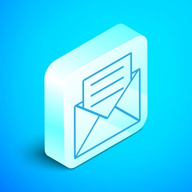 Mavi arkaplanda izole edilmiş davetiye kartı simgesiyle Isometric satır Zarfı. Gümüş kare düğme. Vektör İllüstrasyonu