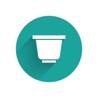 Beyaz saksı ikonu uzun gölgeli izole edilmiş. Yeşil daire düğmesi. Vektör İllüstrasyonu