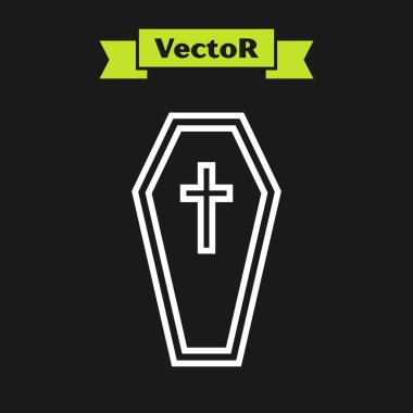 Beyaz çizgi Tabut ve Hıristiyan haç simgesi siyah arka planda izole edilmiş. Mutlu Cadılar Bayramı Partisi. Vektör İllüstrasyonu