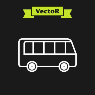 Beyaz çizgi otobüs simgesi siyah arkaplanda izole edildi. Ulaşım konsepti. Otobüs turu tabelası. Turizm ya da kamu aracı sembolü. Vektör İllüstrasyonu