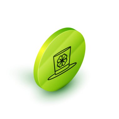 Beyaz arka planda Isome çizgisi leprikon şapkası ve dört yapraklı yonca simgesi var. Aziz Patrick gününüz kutlu olsun. Yeşil daire düğmesi. Vektör İllüstrasyonu