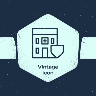 Grunge Line Tıp Hastanesi binası. Mavi arka planda kalkan ikonu var. Sağlık sigortası. Güvenlik, güvenlik, koruma kavramı. Tek renkli klasik çizim. Vektör İllüstrasyonu