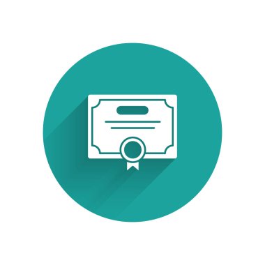 Beyaz Sertifika şablon simgesi uzun gölgeli izole edildi. Başarı, ödül, diploma, burs, diploma. İş başarısı sertifikası Yeşil daire düğmesi. Vektör İllüstrasyonu