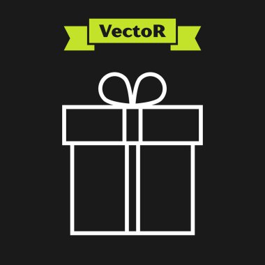 Beyaz çizgi Hediye kutusu simgesi siyah arka planda yalıtılmış. Vektör İllüstrasyonu