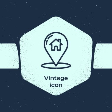 Grunge Hattı Harita İşaretleyicisi. Mavi arka planda ev simgesi var. Ev konumu belirleyici sembol. Tek renkli klasik çizim. Vektör İllüstrasyonu