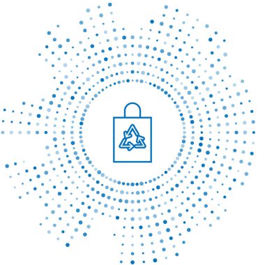 Beyaz zemin üzerinde geri dönüşüm simgesi olan mavi çizgi plastik torba. Geri dönüşüm sembollü çanta. Soyut çember rastgele noktalar. Vektör İllüstrasyonu