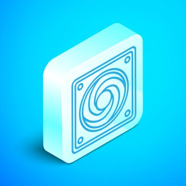 Isometric line Bilgisayar soğutucu simgesi mavi arkaplanda izole edildi. Bilgisayar donanım fanı. Gümüş kare düğme. Vektör İllüstrasyonu