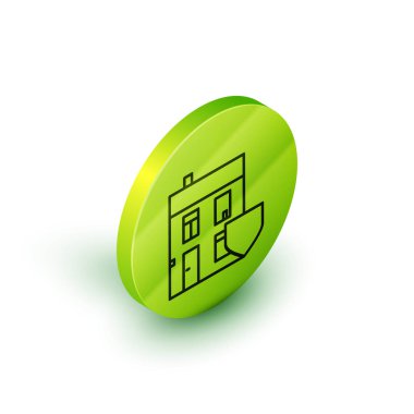Beyaz zemin üzerinde kalkan simgesi olan Isometric Line House. Sigorta konsepti. Güvenlik, güvenlik, koruma, konsept koruma. Yeşil daire düğmesi. Vektör İllüstrasyonu