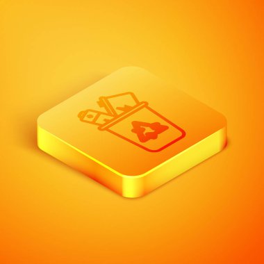 Turuncu arkaplanda izole edilmiş geri dönüşüm sembolü simgesi olan Isometric hattı geri dönüşüm kutusu. Çöp kutusu simgesi. Çöp kutusu tabelası. Geri dönüşüm sepeti işareti. Turuncu kare düğme. Vektör İllüstrasyonu