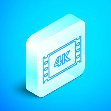 Isometric hattı 4k film, bant, çerçeve simgesi mavi arkaplan üzerinde izole. Gümüş kare düğme. Vektör İllüstrasyonu
