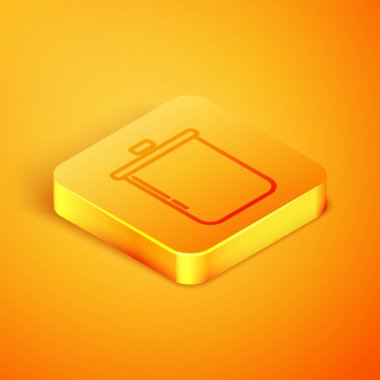 Isometric hattı turuncu arka planda izole edilmiş tencere ikonu pişirme. Haşlama ya da güveç besin sembolü. Turuncu kare düğme. Vektör İllüstrasyonu