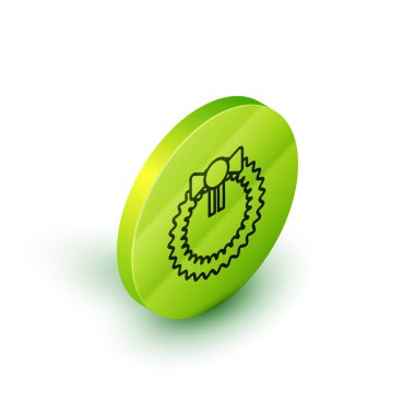 Beyaz arka planda izole edilmiş bir Noel çelengi ikonu. Mutlu Noeller ve mutlu yıllar. Yeşil daire düğmesi. Vektör İllüstrasyonu