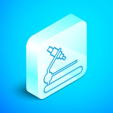 Mavi arkaplanda izole edilmiş bir mikroskop simgesi var. Kimya, ilaç aleti, mikrobiyoloji büyütme aracı. Gümüş kare düğme. Vektör İllüstrasyonu