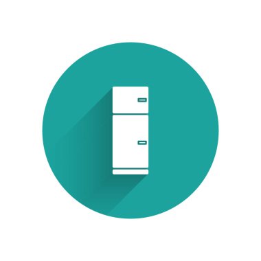 Uzun gölgeli beyaz buzdolabı ikonu. Buzdolabı buzdolabı. Ev aletleri ve aletler. Yeşil daire düğmesi. Vektör İllüstrasyonu