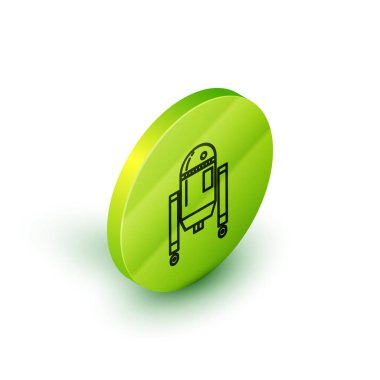 İzometrik çizgi robot simgesi beyaz arkaplanda izole edildi. Yeşil daire düğmesi. Vektör İllüstrasyonu