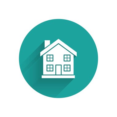 Beyaz Saray ikonu uzun gölgeli. Ev sembolü. Yeşil daire düğmesi. Vektör İllüstrasyonu