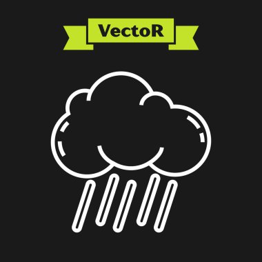 Siyah zemin üzerinde yağmur ikonu olan beyaz çizgi bulutu. Yağmur damlaları ile yağmur bulutu yağışı. Vektör İllüstrasyonu