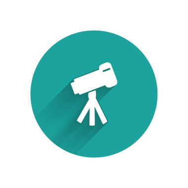 Beyaz Teleskop simgesi uzun gölgeli. Bilimsel bir alet. Eğitim ve astronomi elementi, dürbün ve çalışma yıldızları. Yeşil daire düğmesi. Vektör İllüstrasyonu